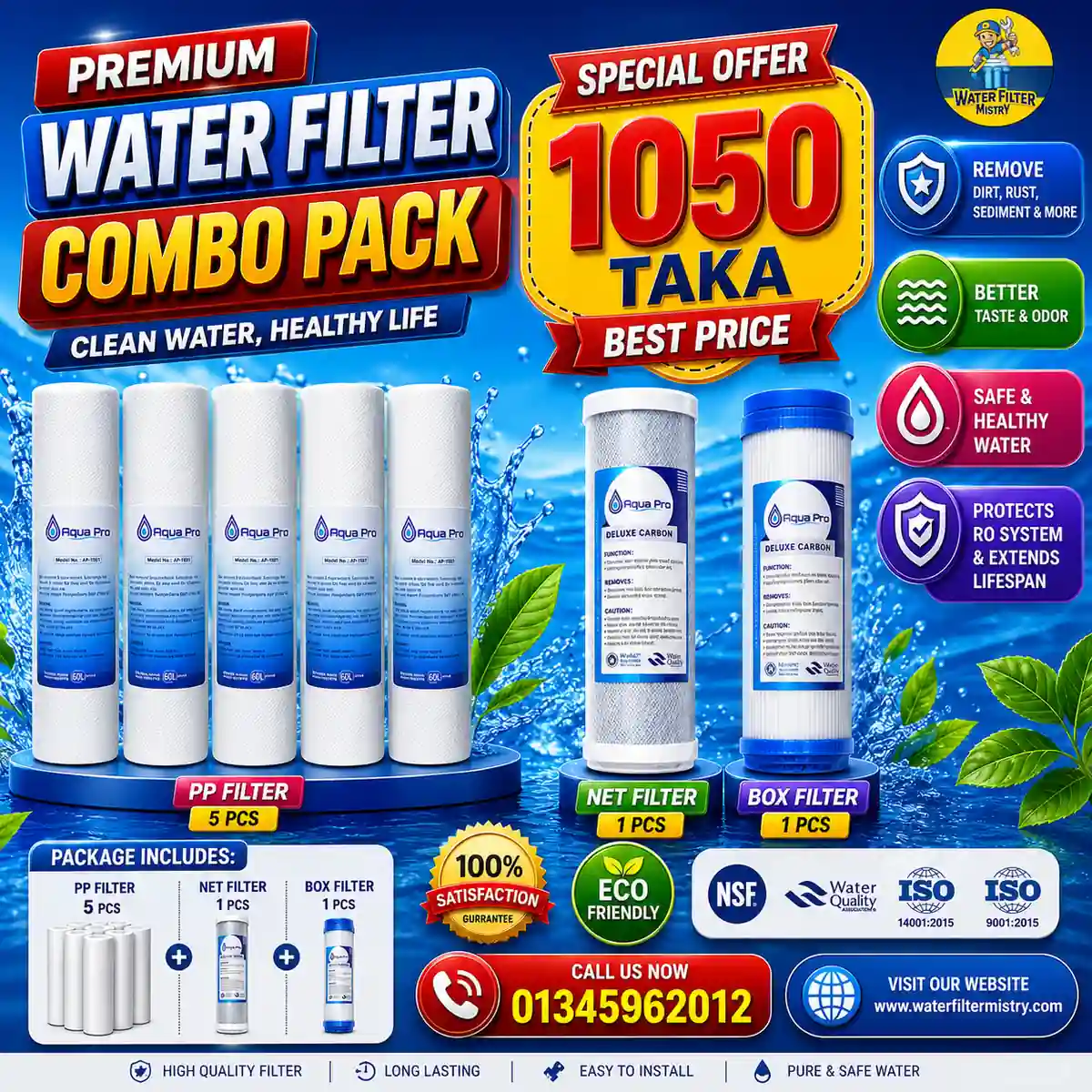 Premium Water Filter Combo Pack (7 PCS) – 5 PP Filter + 1 Carbon Filter + 1 CTO/Box Filter | Aqua Pro